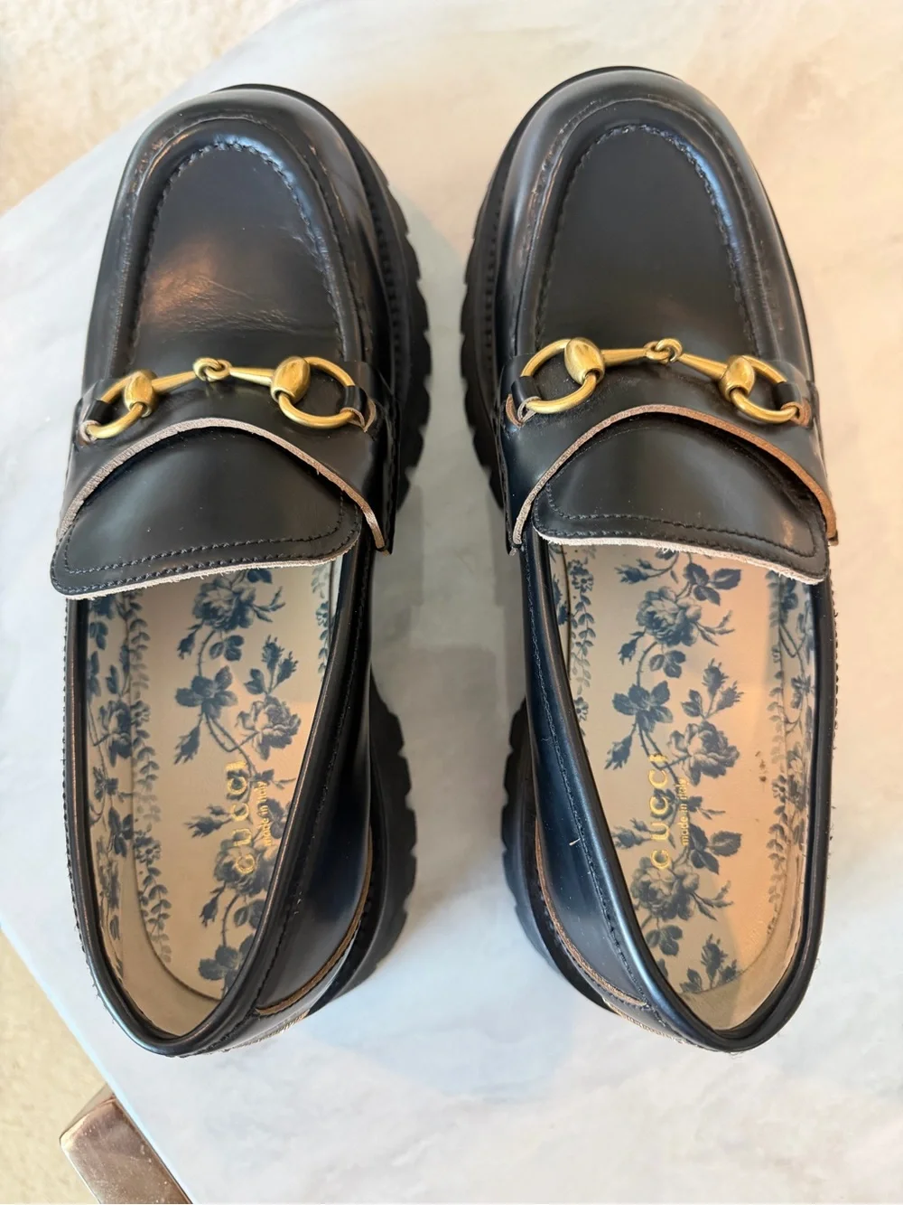 Gucci Harald Leather Lug Sole Loafers with Gold Horsebit w/ dust bags
